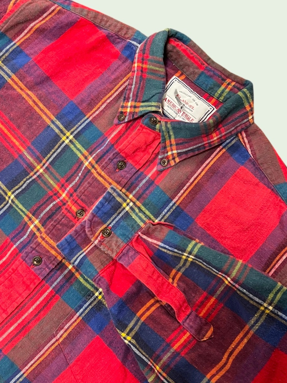 Vintage American Eagle Tartan Plaid Flannel Men Large Red Blue Button Down Shirt